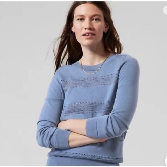 Athleta Pointelle Crew Neck Sweater Cottage Blue sz L EUC - Picture 1 of 8